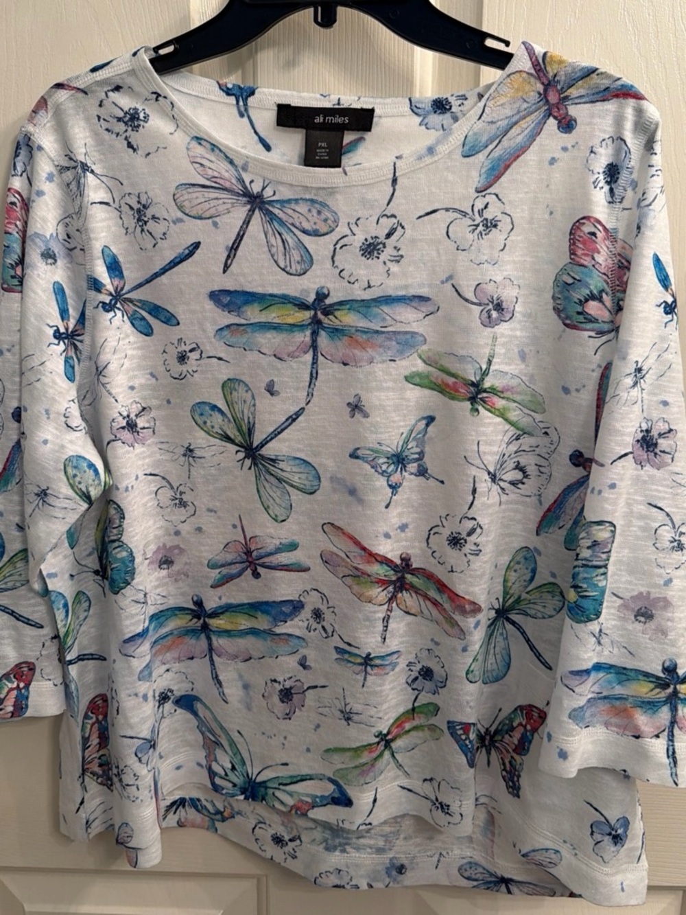Ali Miles White Top with Multicolor Dragonfly & Butterfly Print